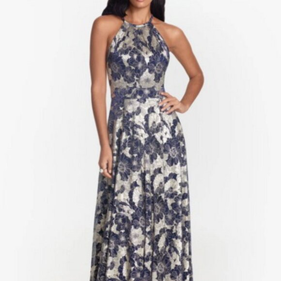 Betsy & Adam Navy Blue Gold Metallic Floral Sleeveless Halter Gown - Picture 1 of 6